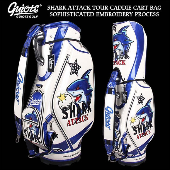 GUIOTE Shark Attack Golf Caddie Cart Bag PU Leather Standard Golf Tour Staff Bag With Rain Hood 5-way For Men Women